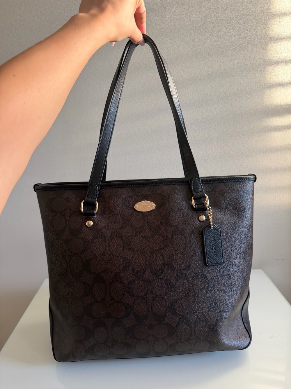 Coach Signature C Zip Top Tote Brown Black Gold